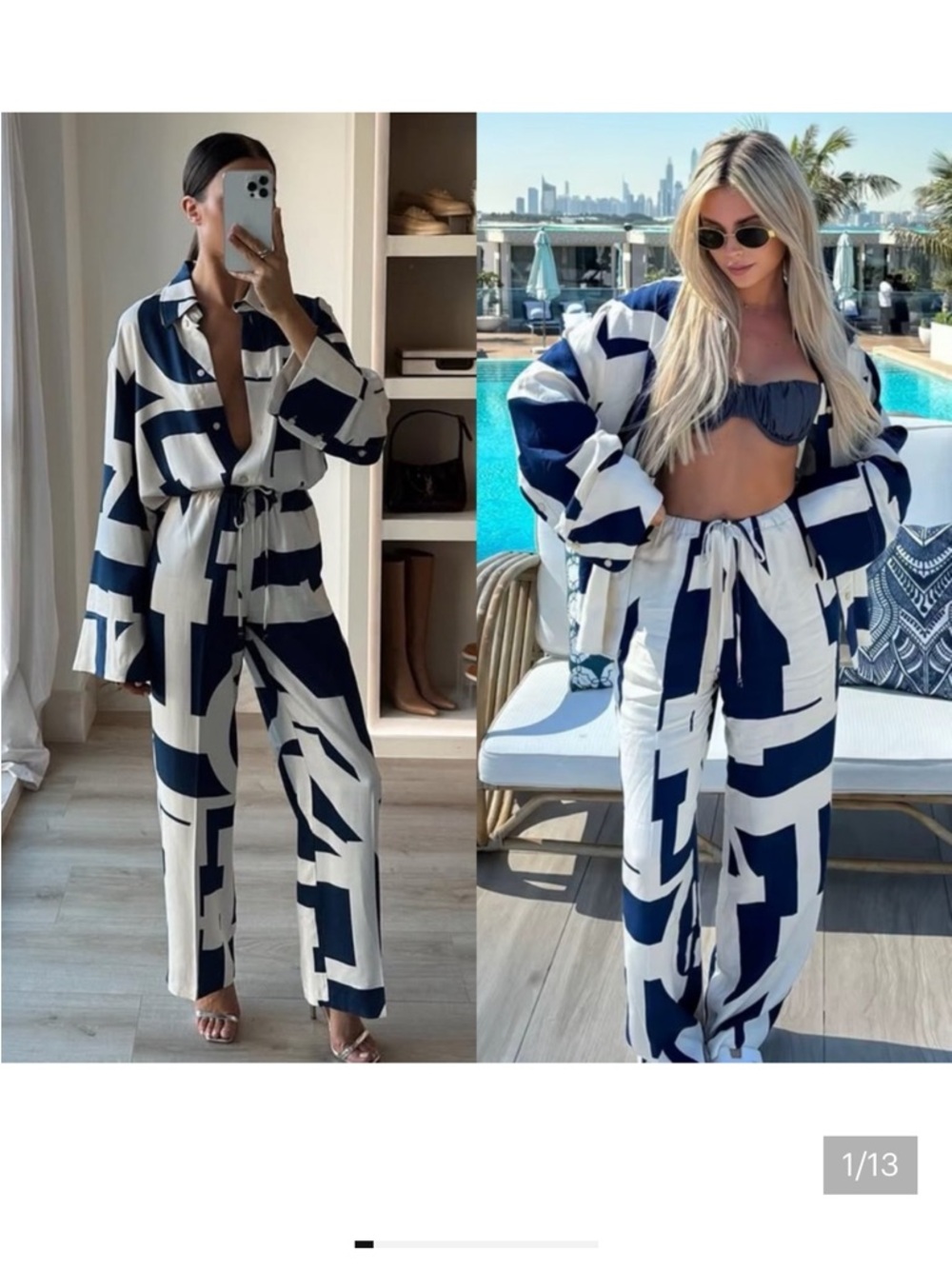 H&M Blue and White Geometric Shirt and Pants Set